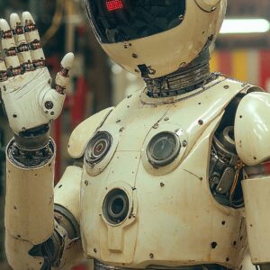A retro-futuristic humanoid robot with a cream-colored shell raises its hand in a wave, standing in an industrial workshop with soft lighting.