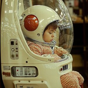 A young child in a vintage-style astronaut helmet sits inside a capsule-like pod with control panels, wearing red boots and a gingham suit in a softly lit, retro-futuristic setting.
